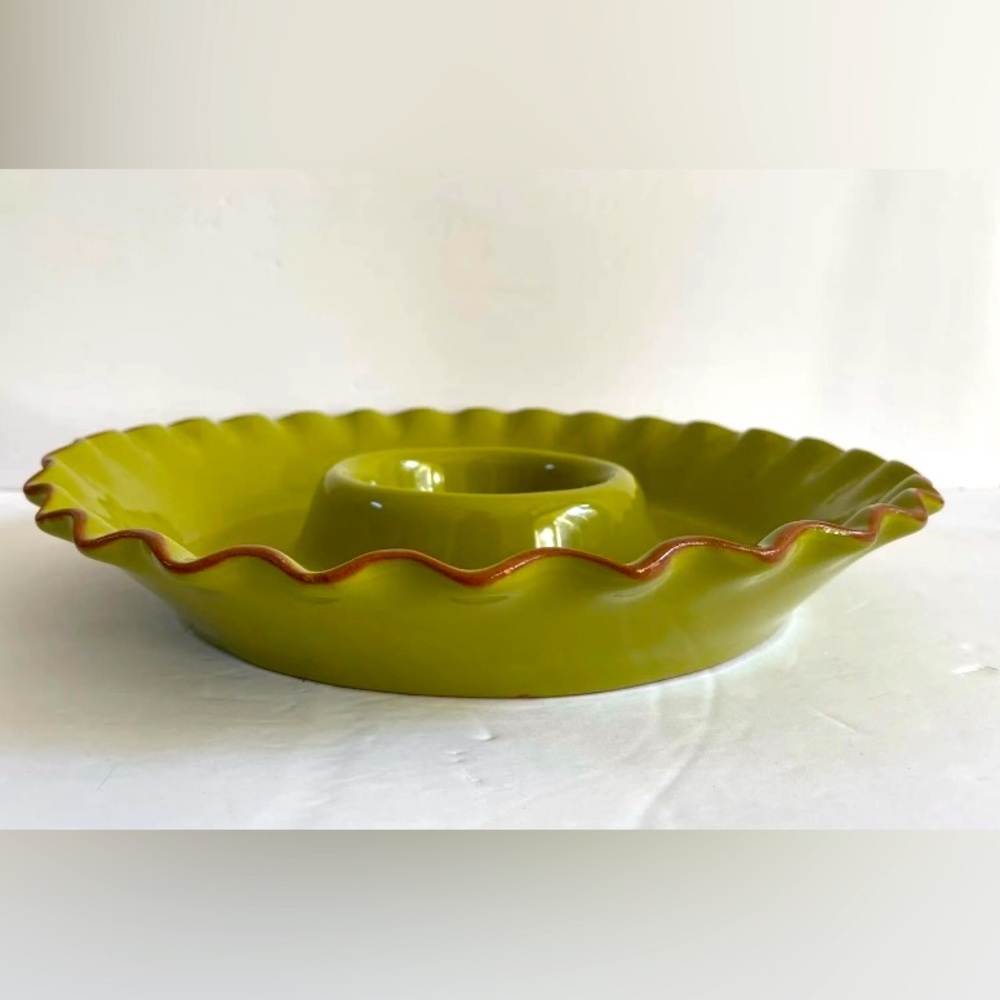 Crate & Barrel Chip & Dip Server Terra Cotta Avocado Green Ceramic Granny Core